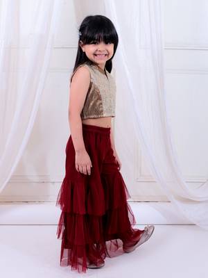 Twisha girls embroidered top & layered net sharara set - gold & maroon 3