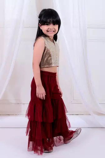 Twisha girls embroidered top & layered net sharara set - gold & maroon