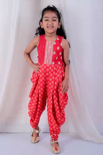 Twisha girls embroidered dhoti style jumpsuit - red