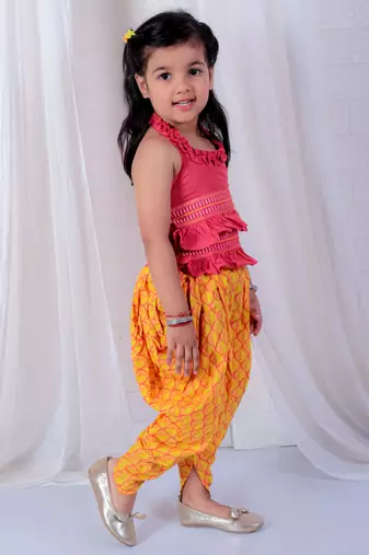 Twisha girls halter neck dhoti style jumpsuit - red & yellow