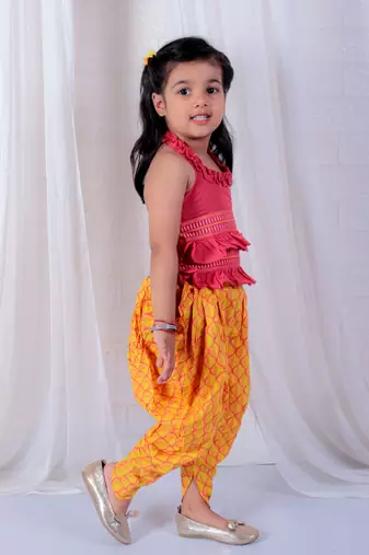 Twisha girls halter neck dhoti style jumpsuit - red & yellow