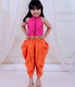 Twisha girls jacquard top & foil printed dhoti pants set - pink & orange