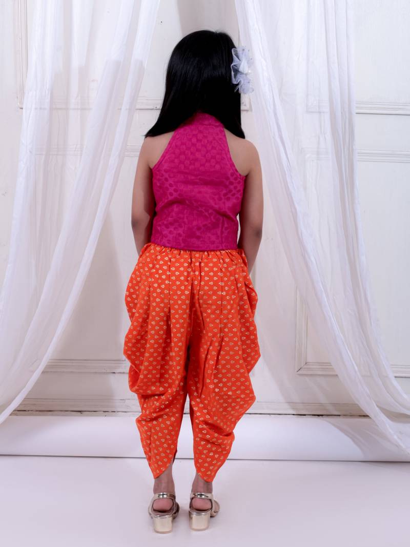 Twisha girls jacquard top & foil printed dhoti pants set - pink & orange