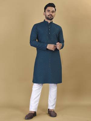 Teal embroidered rayon straight kurta 1
