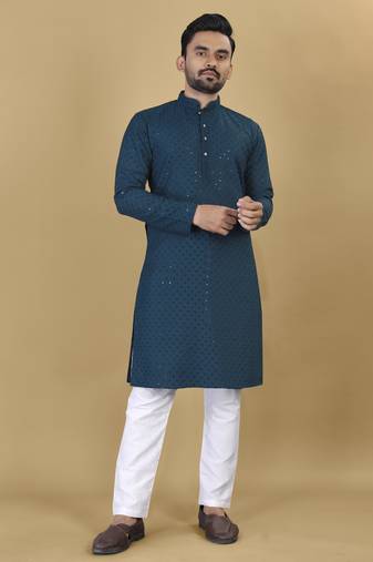 Teal embroidered rayon straight kurta