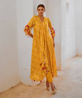 Marigold yellow silk  tassel tunic pant set 1