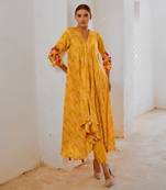 Marigold yellow silk  tassel tunic pant set