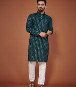 Teal embroidered cotton straight kurta
