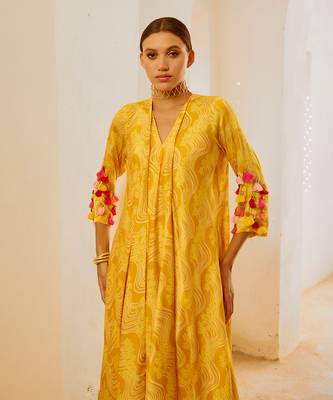Marigold yellow silk  tassel tunic pant set 2