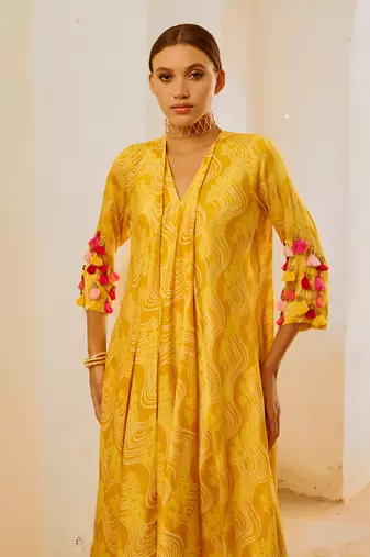 Marigold yellow silk  tassel tunic pant set