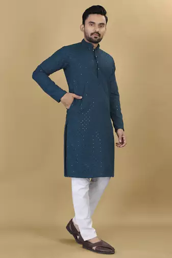 Teal embroidered rayon straight kurta