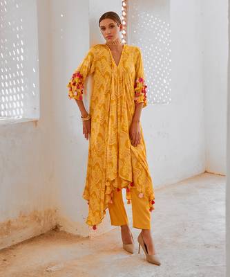 Marigold yellow silk  tassel tunic pant set 3