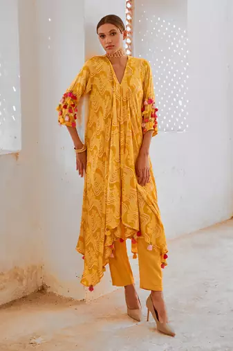 Marigold yellow silk  tassel tunic pant set