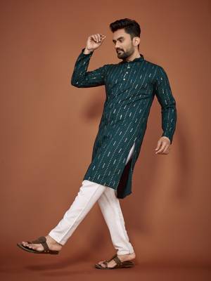 Teal embroidered cotton straight kurta 2