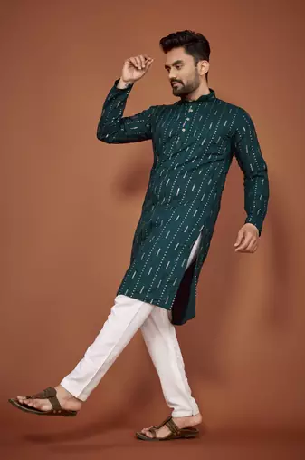 Teal embroidered cotton straight kurta