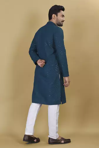 Teal embroidered rayon straight kurta