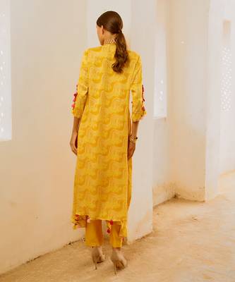 Marigold yellow silk  tassel tunic pant set 4