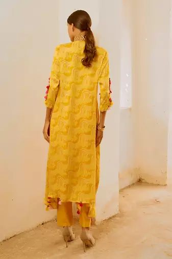 Marigold yellow silk  tassel tunic pant set