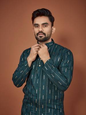 Teal embroidered cotton straight kurta 3