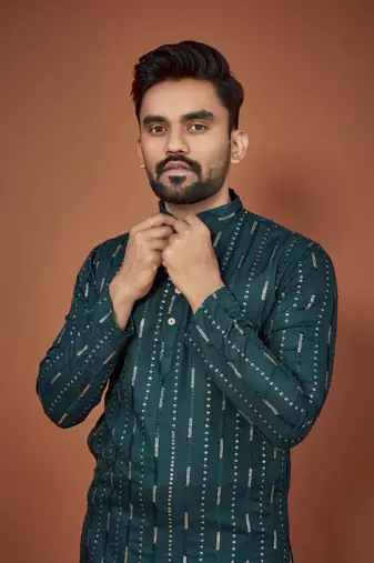 Teal embroidered cotton straight kurta