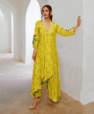 Lemon green silk tassel tunic pant set 1