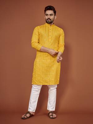 Yellow embroidered cotton straight kurta 1