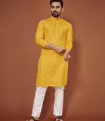Yellow embroidered cotton straight kurta