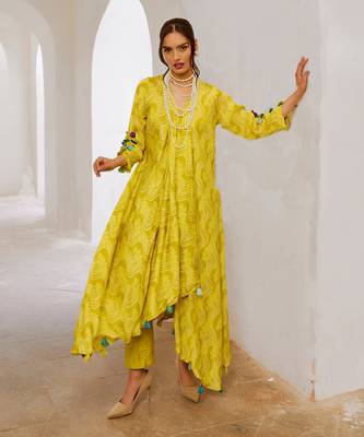 Lemon green silk tassel tunic pant set 2