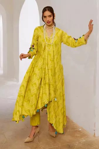 Lemon green silk tassel tunic pant set