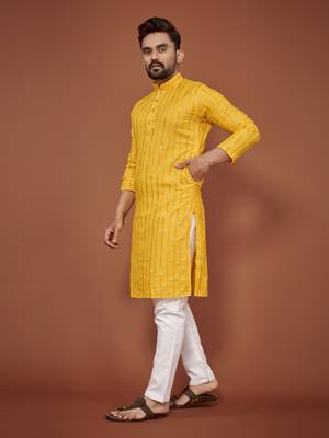 Yellow embroidered cotton straight kurta 2