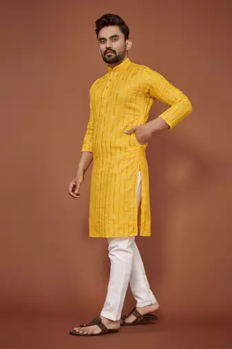 Yellow embroidered cotton straight kurta