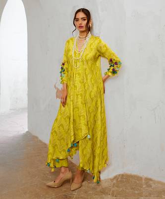 Lemon green silk tassel tunic pant set 3