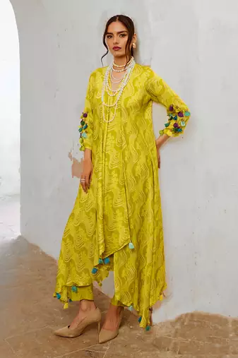 Lemon green silk tassel tunic pant set