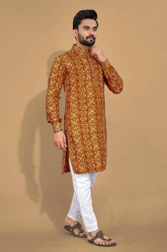Mustard printed cotton straight kurta