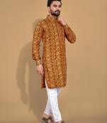 Mustard printed cotton straight kurta