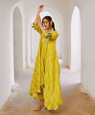 Lemon green silk tassel tunic pant set 4