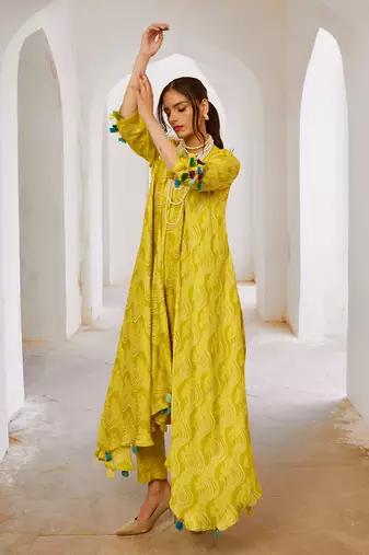 Lemon green silk tassel tunic pant set