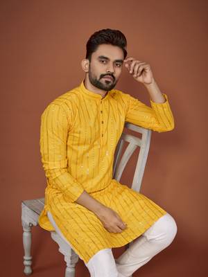 Yellow embroidered cotton straight kurta 3
