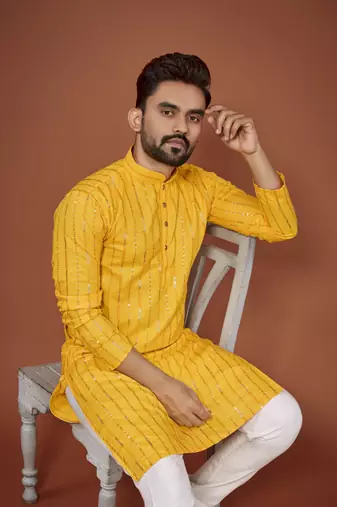 Yellow embroidered cotton straight kurta
