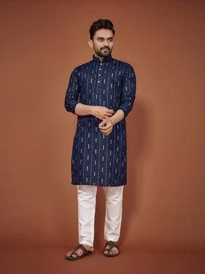 Navy blue embroidered cotton straight kurta 1
