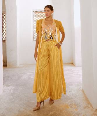 Marigold yellow tussar silk sheesha koti with chiffon jacket and loose pant set. 1