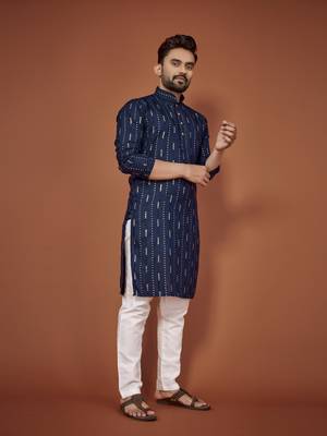 Navy blue embroidered cotton straight kurta 2