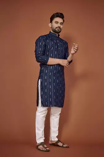 Navy blue embroidered cotton straight kurta