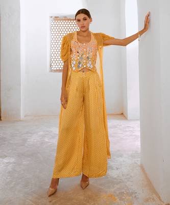 Marigold yellow tussar silk sheesha koti with chiffon jacket and loose pant set. 2