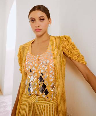 Marigold yellow tussar silk sheesha koti with chiffon jacket and loose pant set. 3