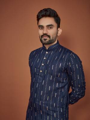Navy blue embroidered cotton straight kurta 3