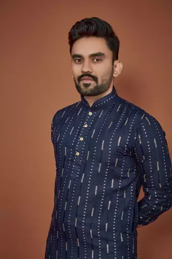 Navy blue embroidered cotton straight kurta