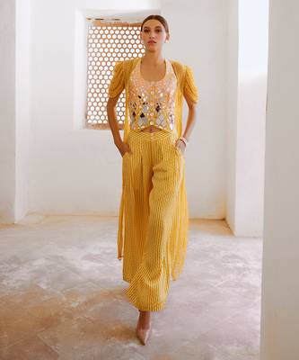 Marigold yellow tussar silk sheesha koti with chiffon jacket and loose pant set. 4