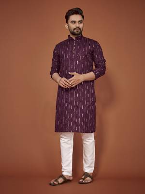 Purple embroidered cotton straight kurta 1