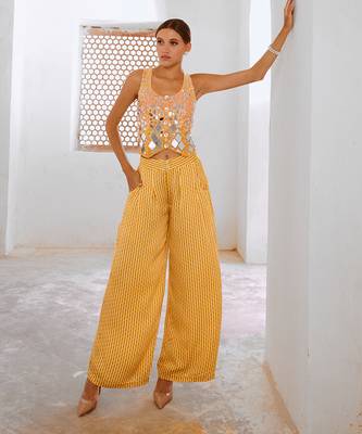 Marigold yellow tussar silk sheesha koti & loose pant set. 1